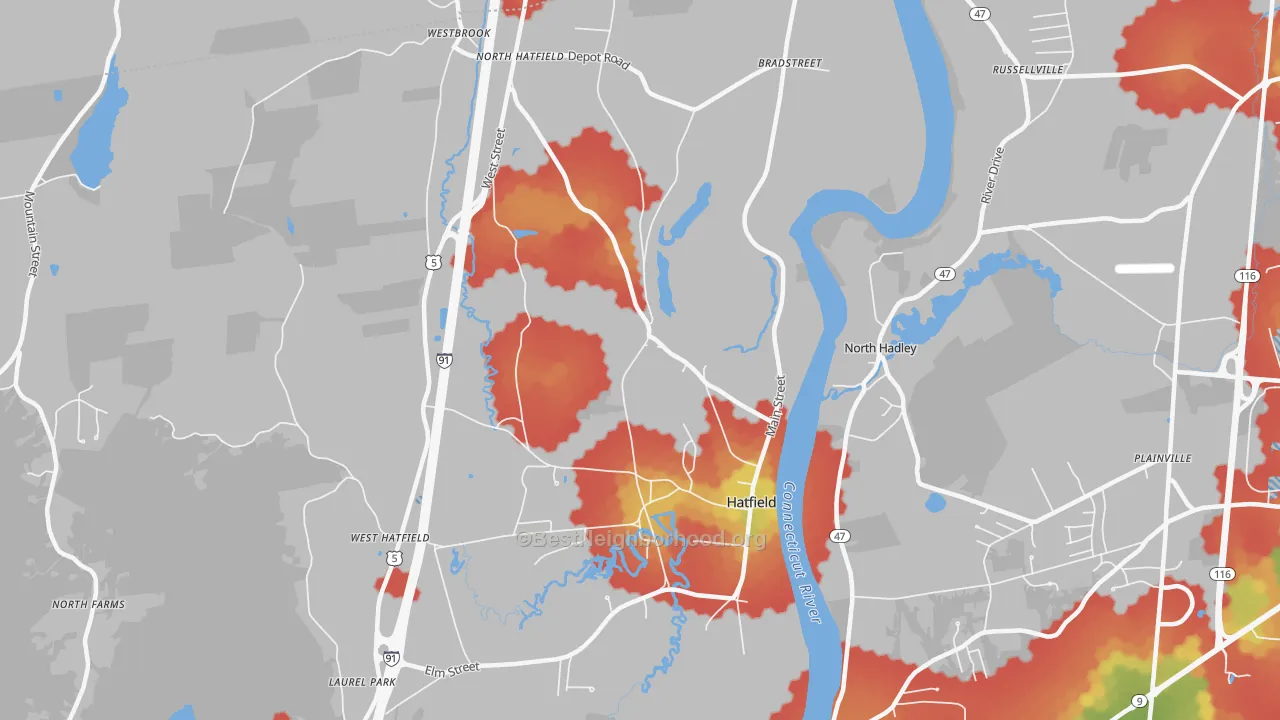 Walk Grade map of Hatfield, MA, walkable areas in green and car-dependent areas in red