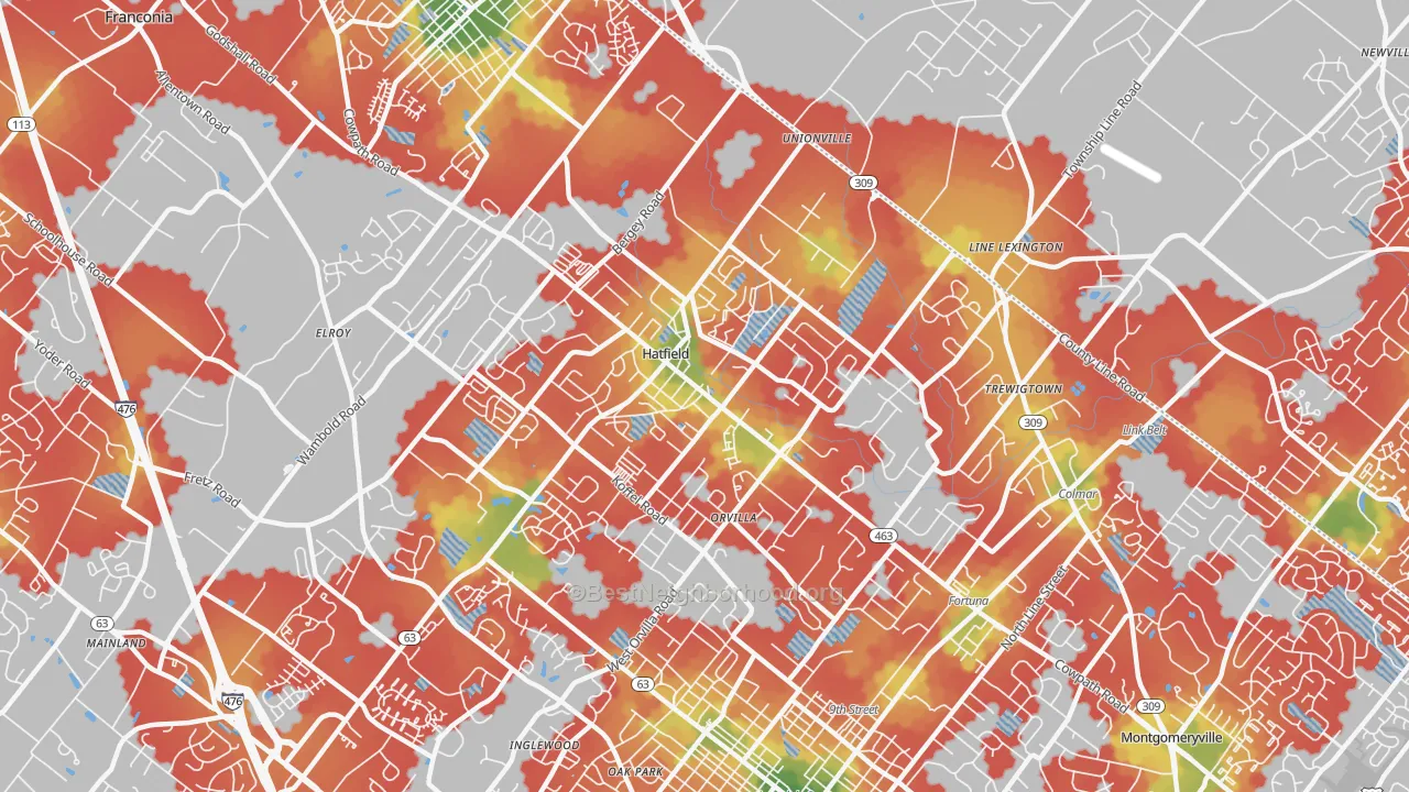 Walk Grade map of Hatfield, PA, walkable areas in green and car-dependent areas in red