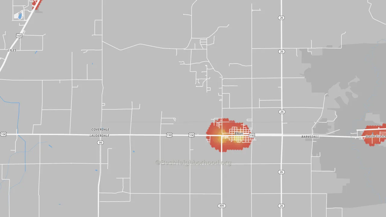 Walk Grade map of Hathaway, LA, walkable areas in green and car-dependent areas in red