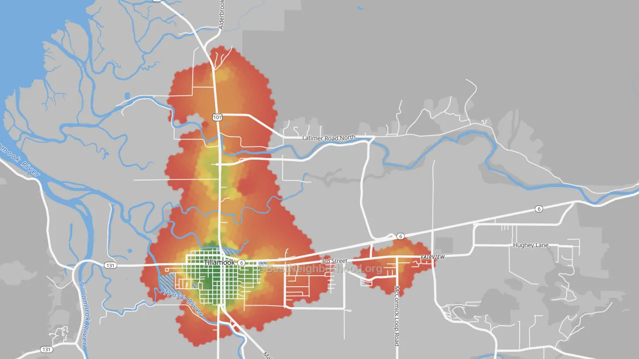 Walk Grade map of Hathaway Mead, OR, walkable areas in green and car-dependent areas in red