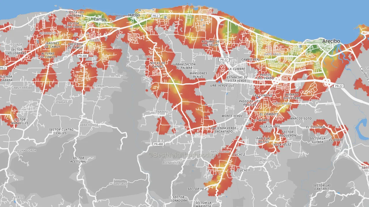 Walk Grade map of Hatillo Municipio, PR, walkable areas in green and car-dependent areas in red