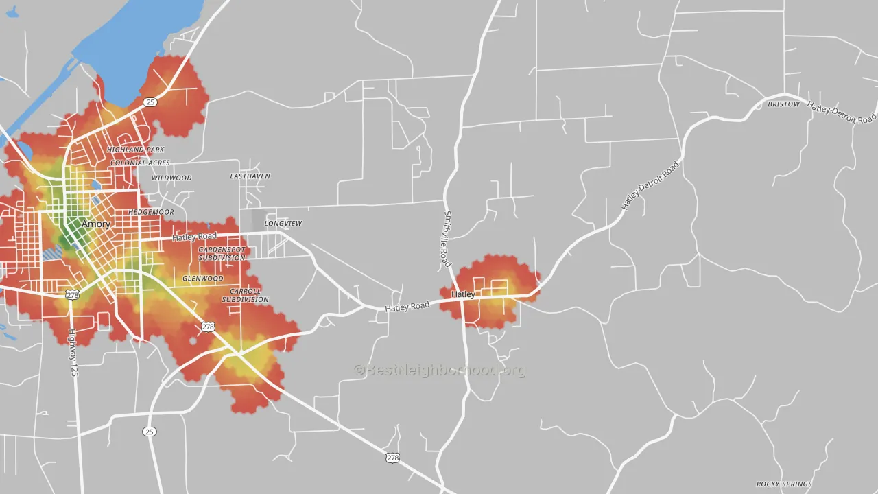 Walk Grade map of Hatley, MS, walkable areas in green and car-dependent areas in red