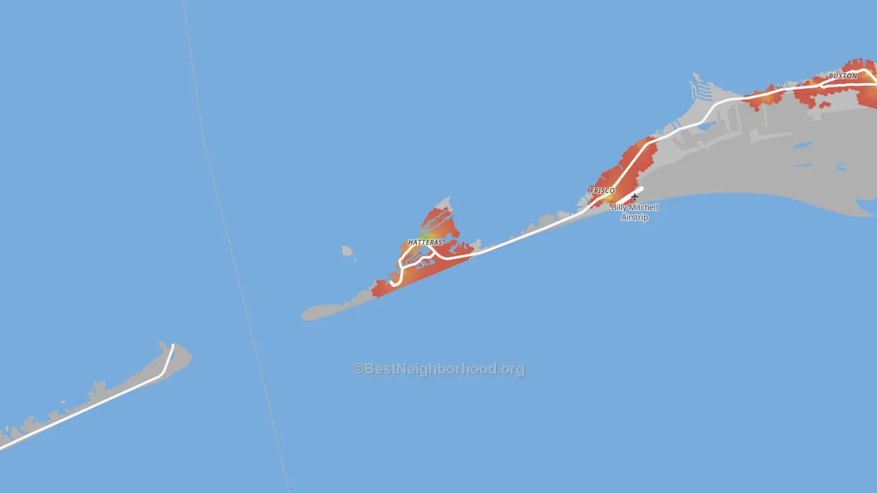 Walk Grade map of Hatteras, NC, walkable areas in green and car-dependent areas in red