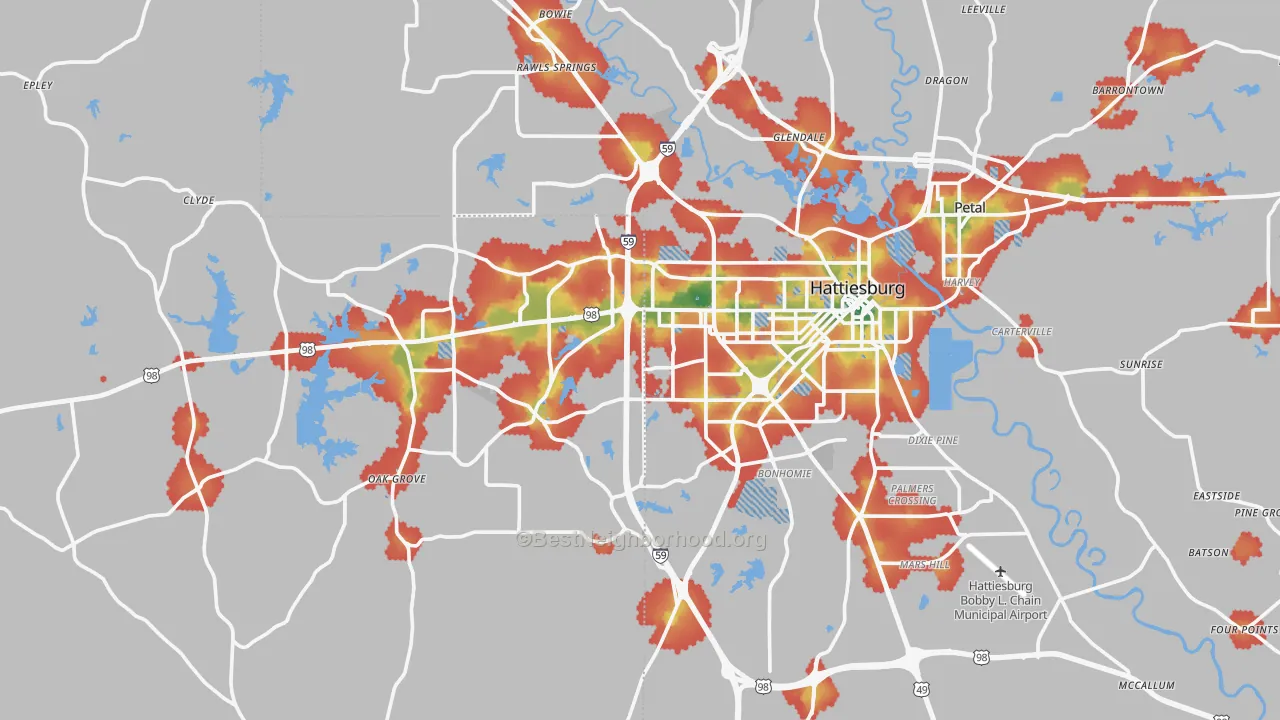 Walk Grade map of Hattiesburg, MS, walkable areas in green and car-dependent areas in red