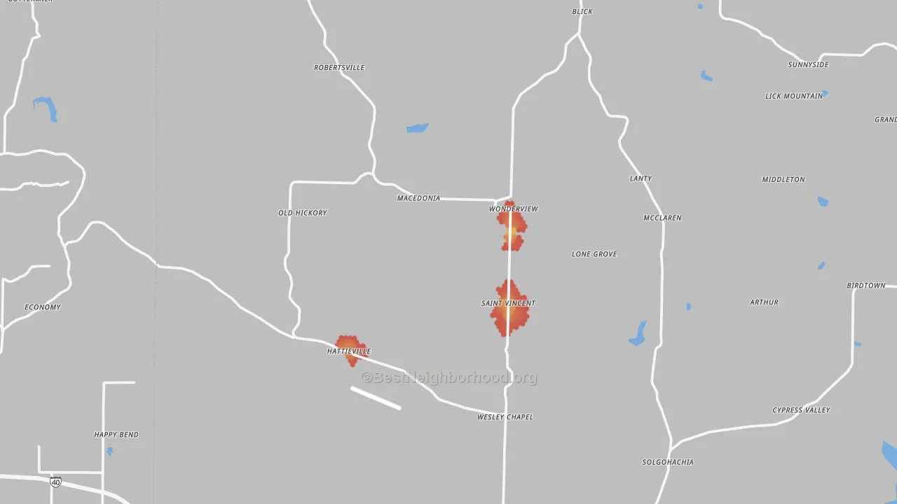 Walk Grade map of Hattieville, AR, walkable areas in green and car-dependent areas in red