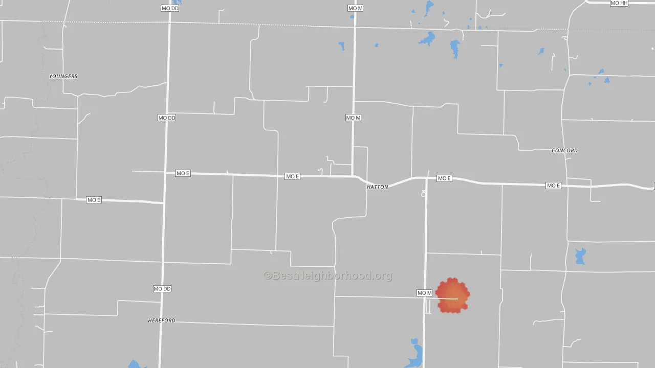 Walk Grade map of Hatton, MO, walkable areas in green and car-dependent areas in red