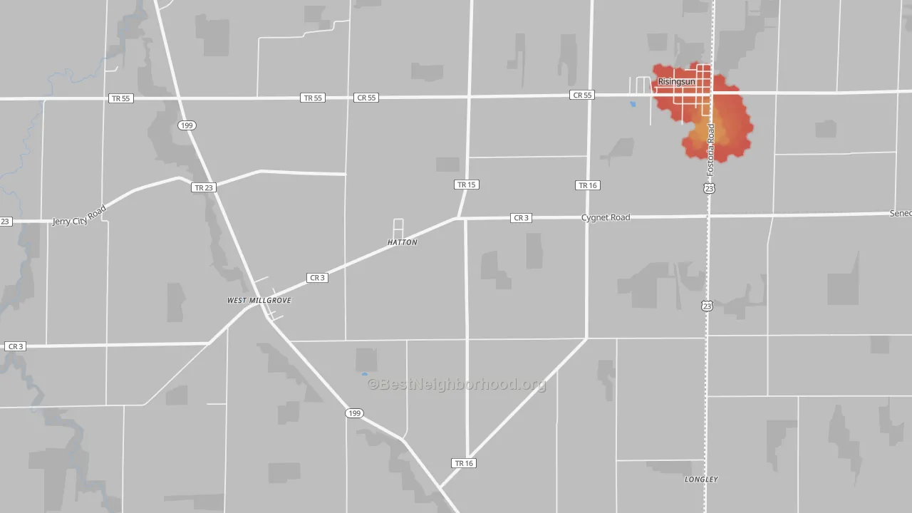 Walk Grade map of Hatton, OH, walkable areas in green and car-dependent areas in red