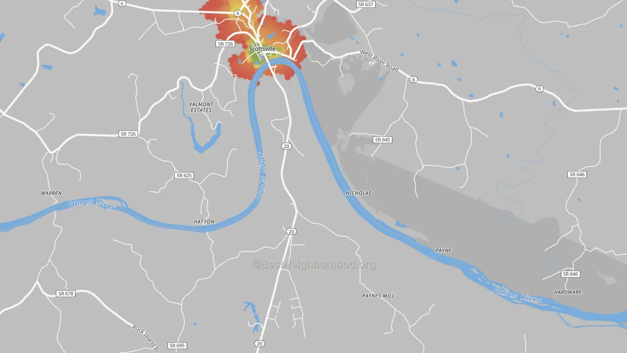 Walk Grade map of Hatton, VA, walkable areas in green and car-dependent areas in red