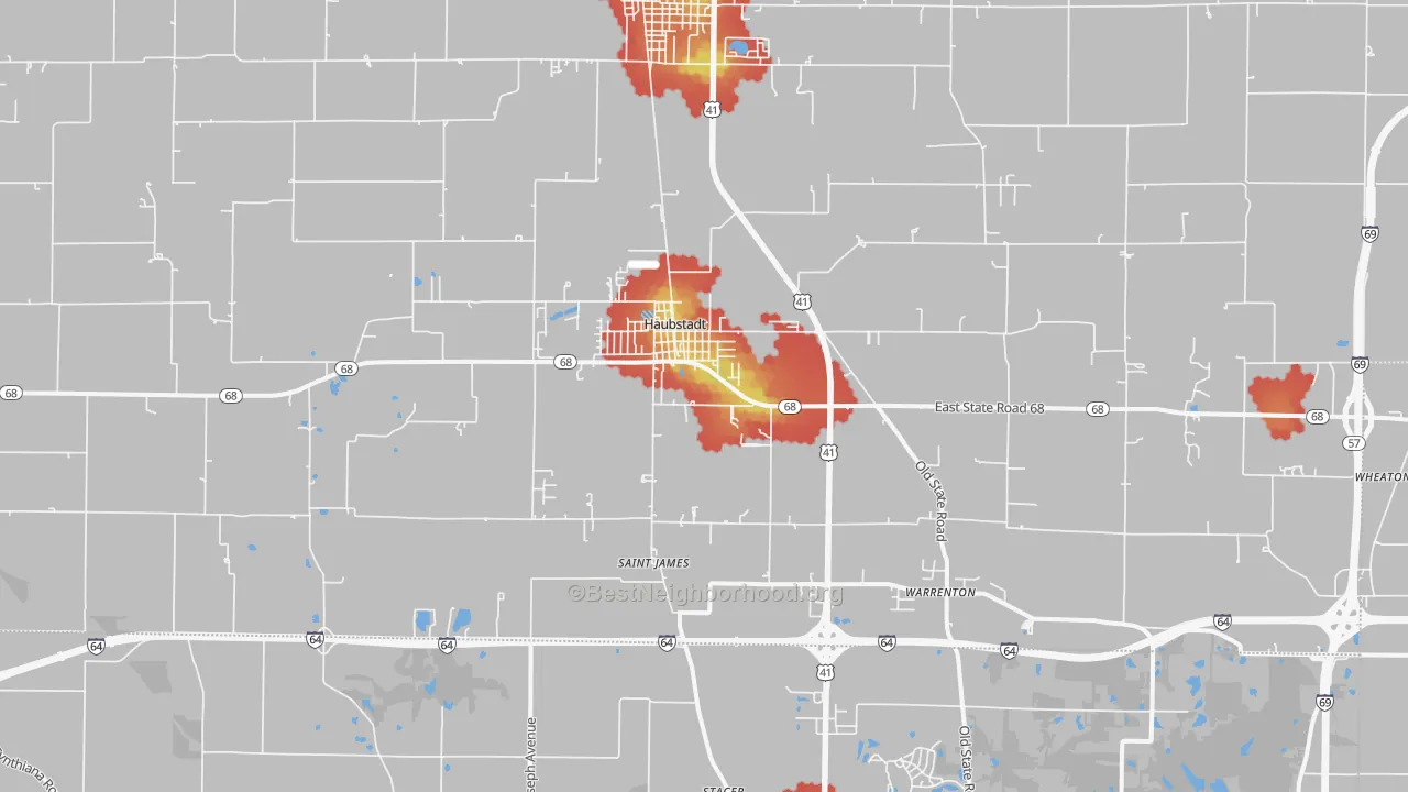 Walk Grade map of Haubstadt, IN, walkable areas in green and car-dependent areas in red