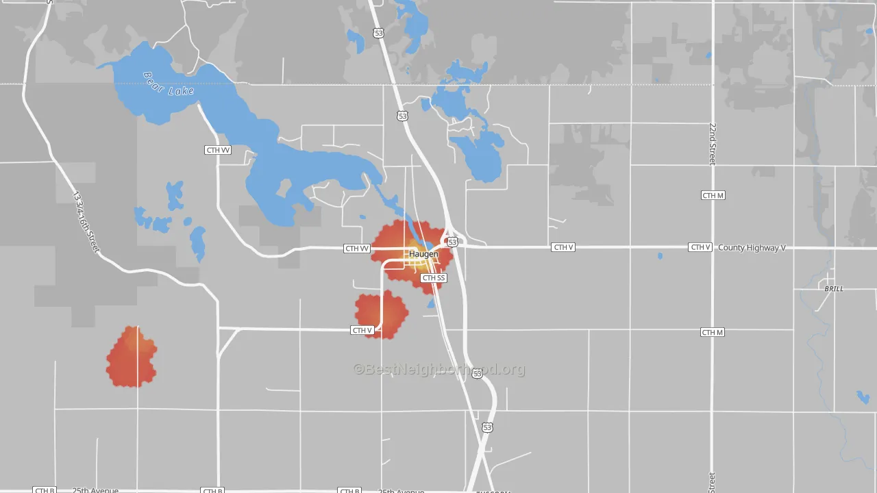 Walk Grade map of Haugen, WI, walkable areas in green and car-dependent areas in red