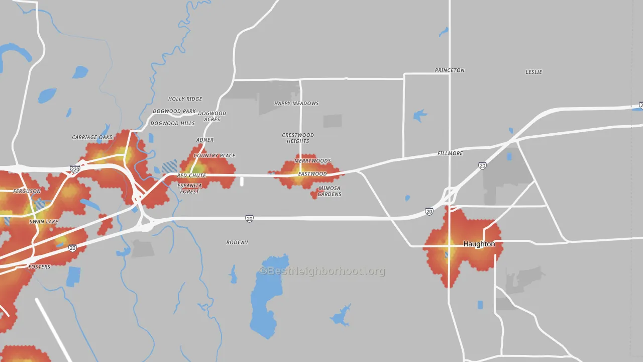 Walk Grade map of Haughton, LA, walkable areas in green and car-dependent areas in red