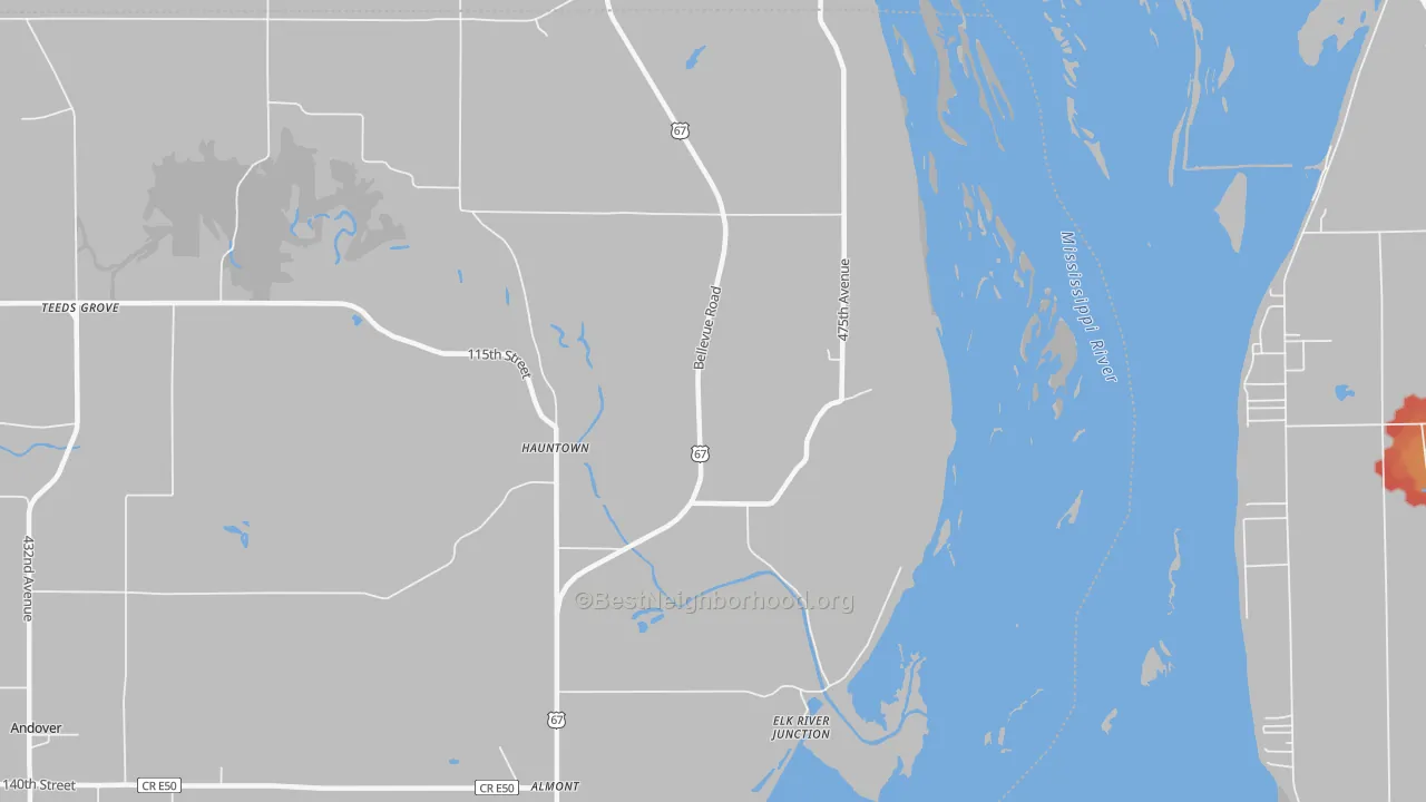 Walk Grade map of Hauntown, IA, walkable areas in green and car-dependent areas in red
