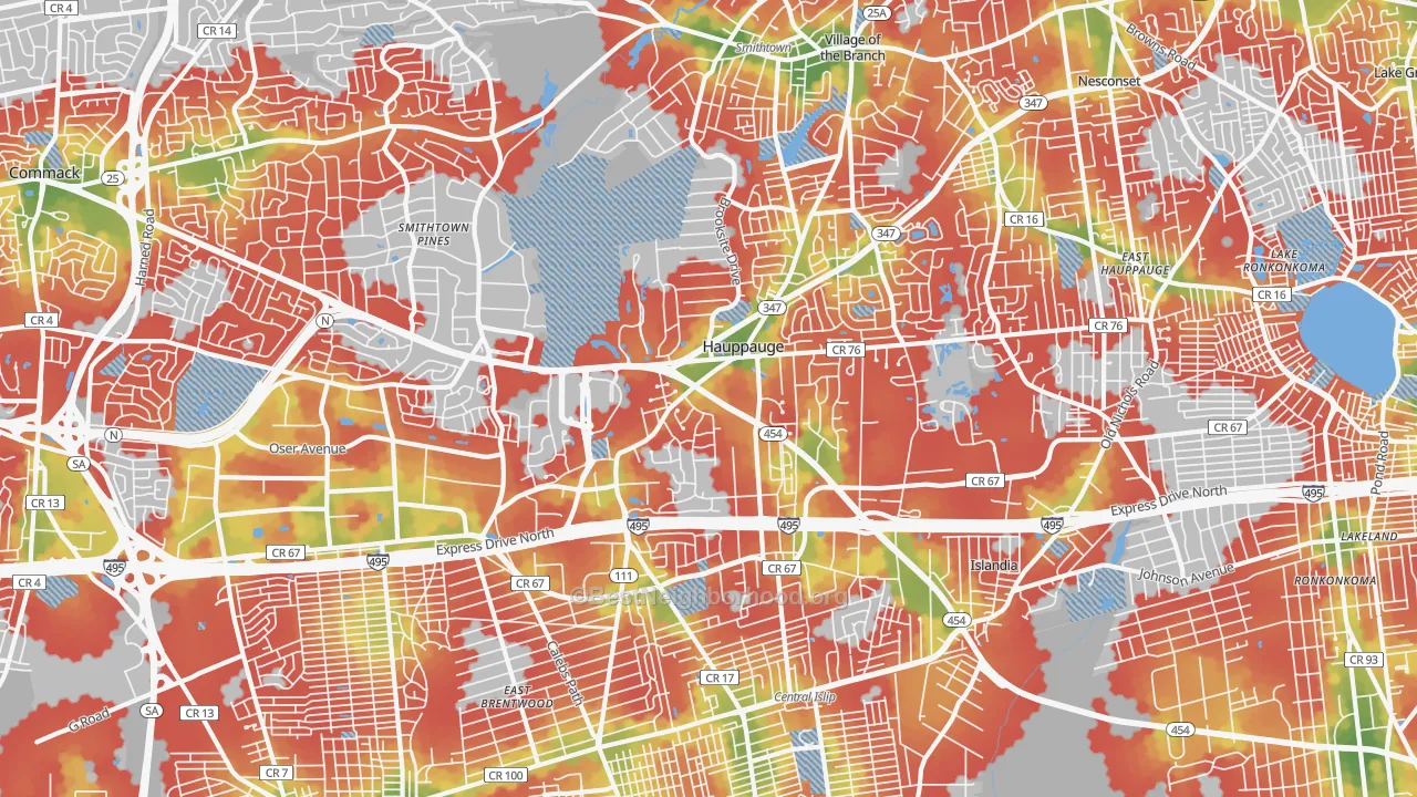 Walk Grade map of Hauppauge, NY, walkable areas in green and car-dependent areas in red
