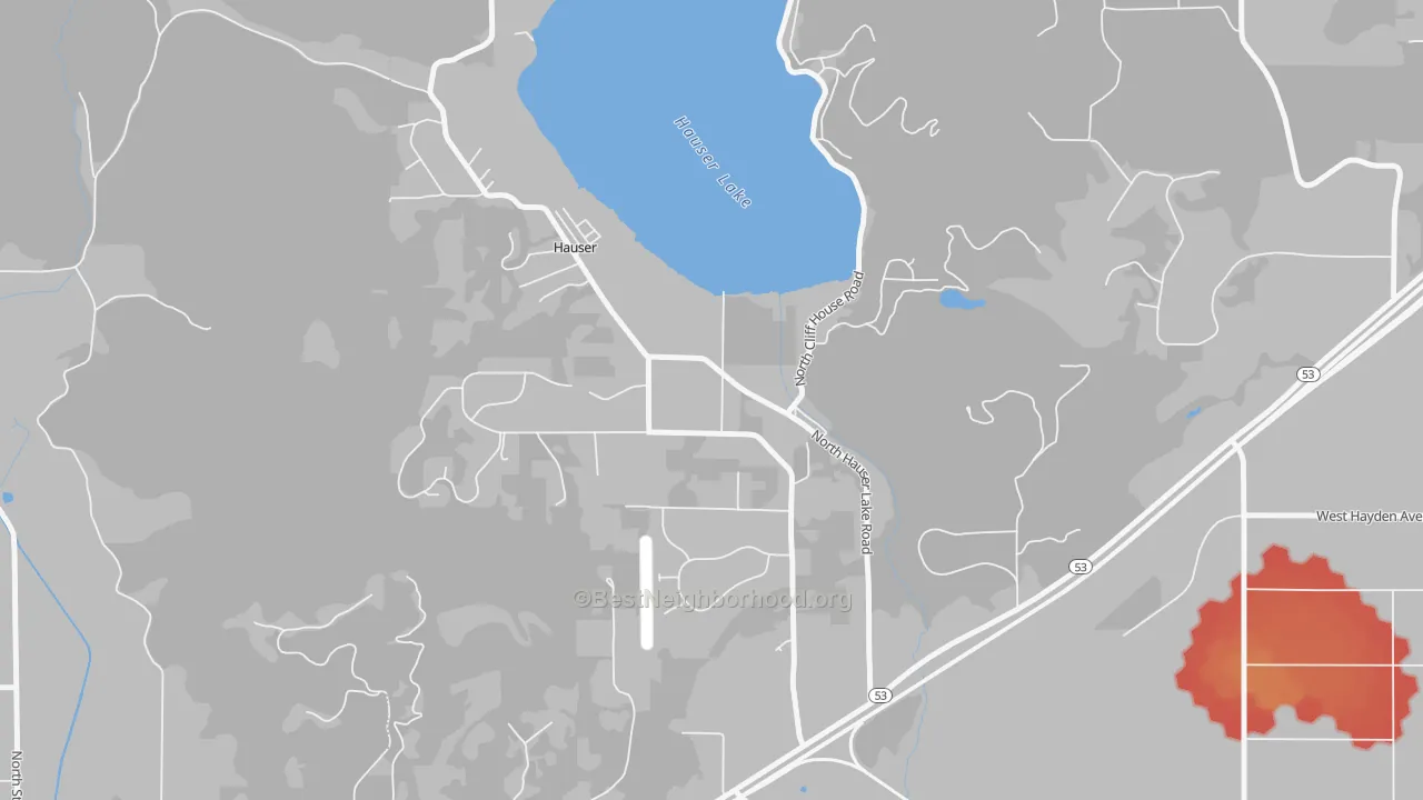Walk Grade map of Hauser, ID, walkable areas in green and car-dependent areas in red