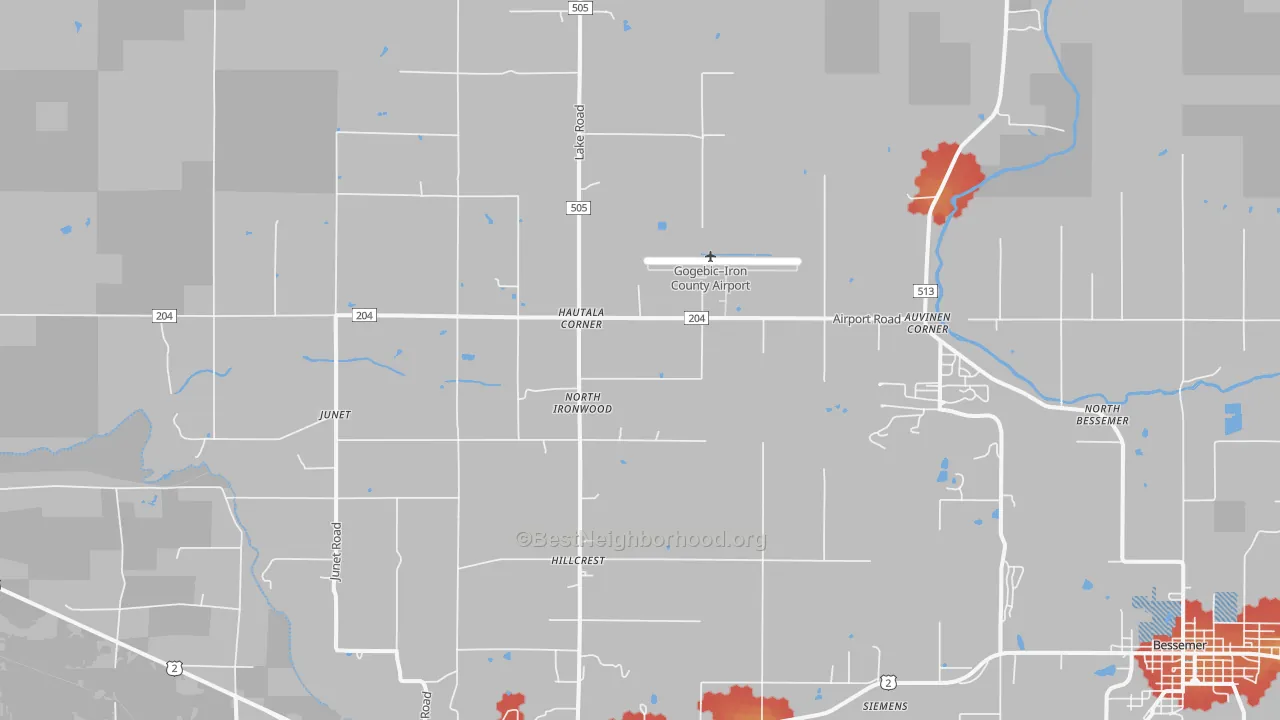 Walk Grade map of Hautala Corner, MI, walkable areas in green and car-dependent areas in red