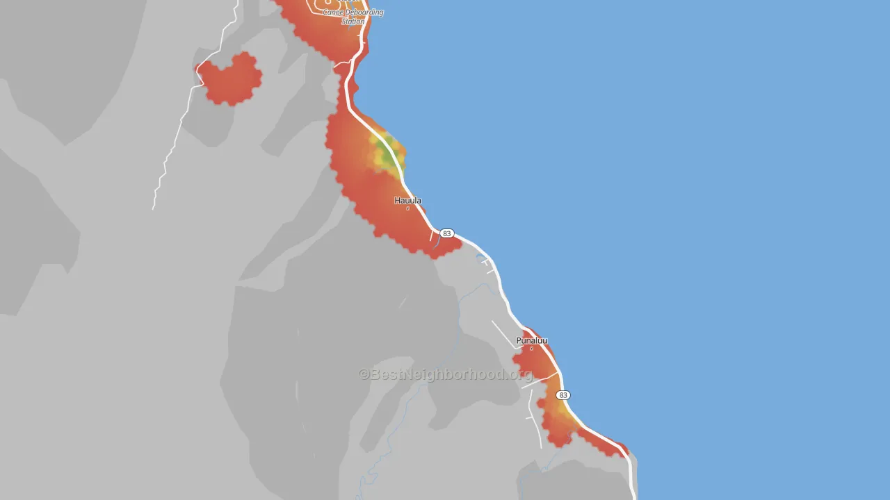 Walk Grade map of Hauula, HI, walkable areas in green and car-dependent areas in red