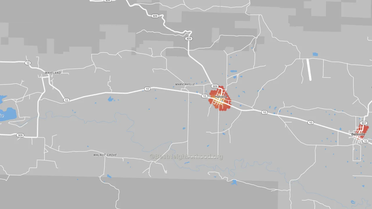 Walk Grade map of Havana, AR, walkable areas in green and car-dependent areas in red