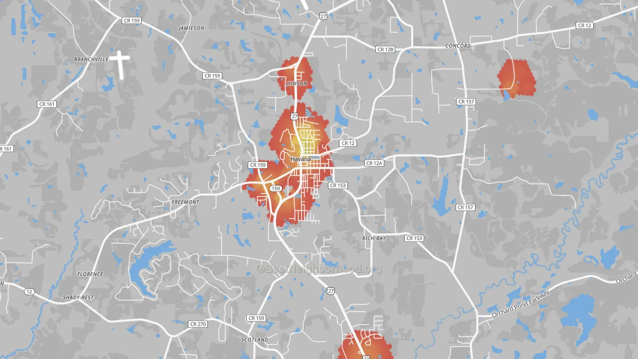 Walk Grade map of Havana, FL, walkable areas in green and car-dependent areas in red