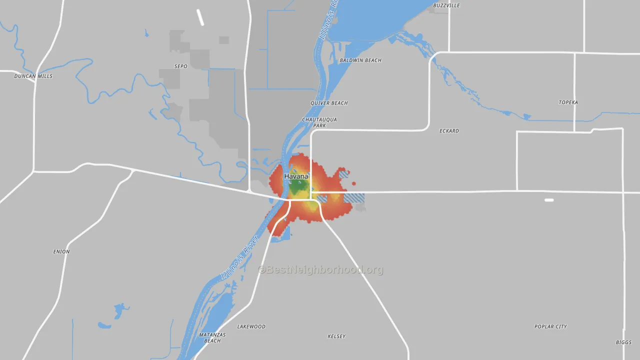 Walk Grade map of Havana, IL, walkable areas in green and car-dependent areas in red