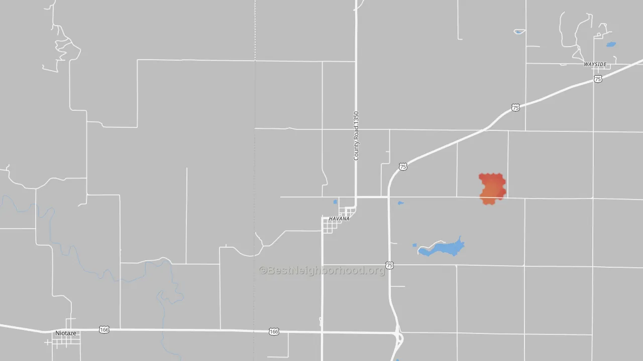 Walk Grade map of Havana, KS, walkable areas in green and car-dependent areas in red