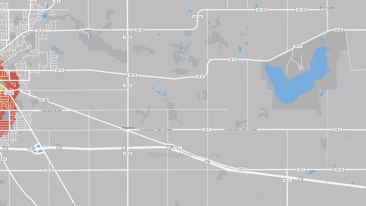 Walk Grade map of Havana, MN, walkable areas in green and car-dependent areas in red