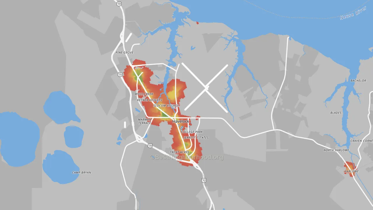 Walk Grade map of Havelock, NC, walkable areas in green and car-dependent areas in red