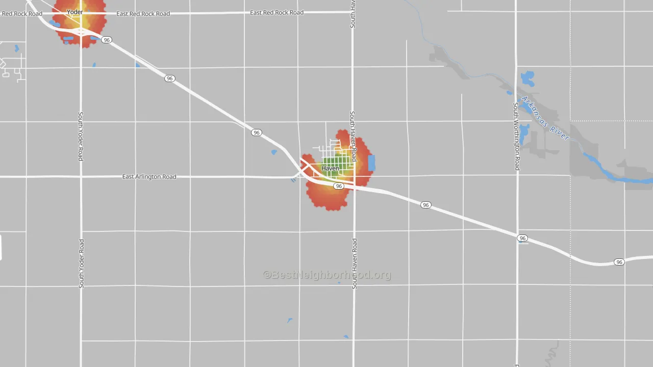 Walk Grade map of Haven, KS, walkable areas in green and car-dependent areas in red