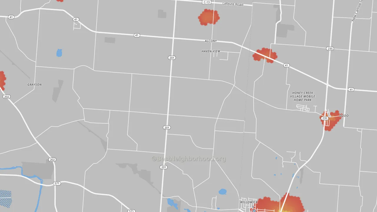 Walk Grade map of Haven View, OH, walkable areas in green and car-dependent areas in red