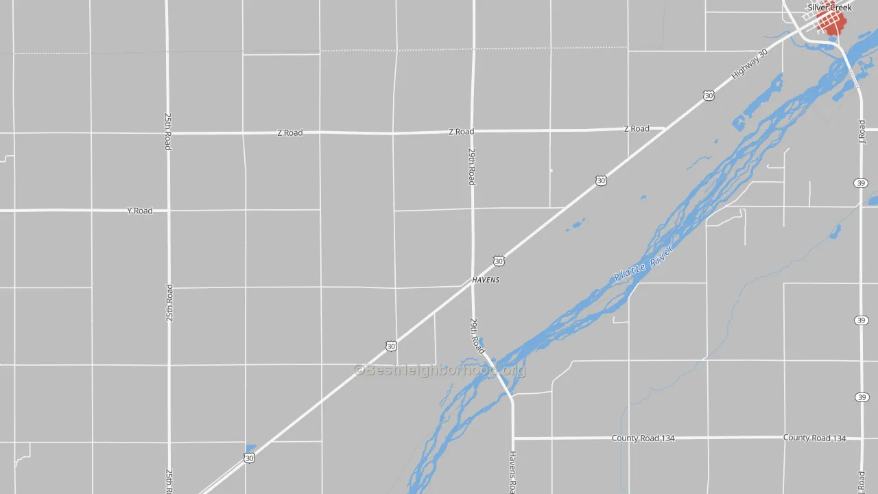 Walk Grade map of Havens, NE, walkable areas in green and car-dependent areas in red