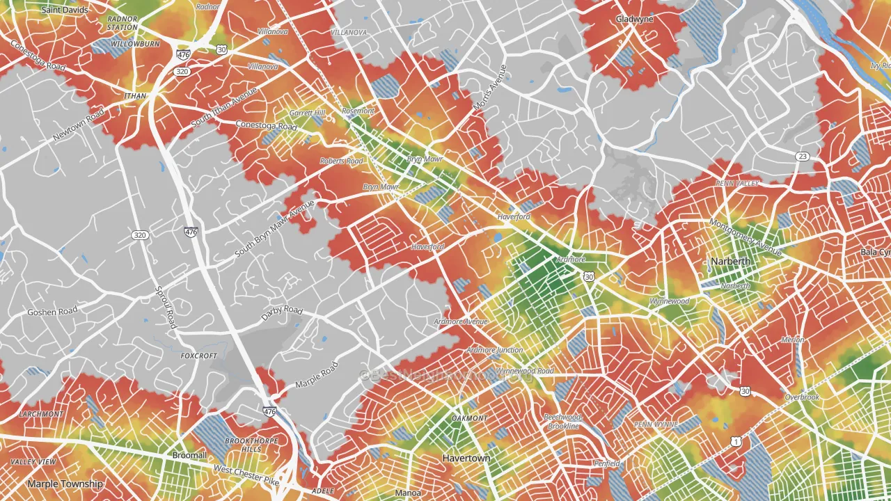Walk Grade map of Haverford, PA, walkable areas in green and car-dependent areas in red