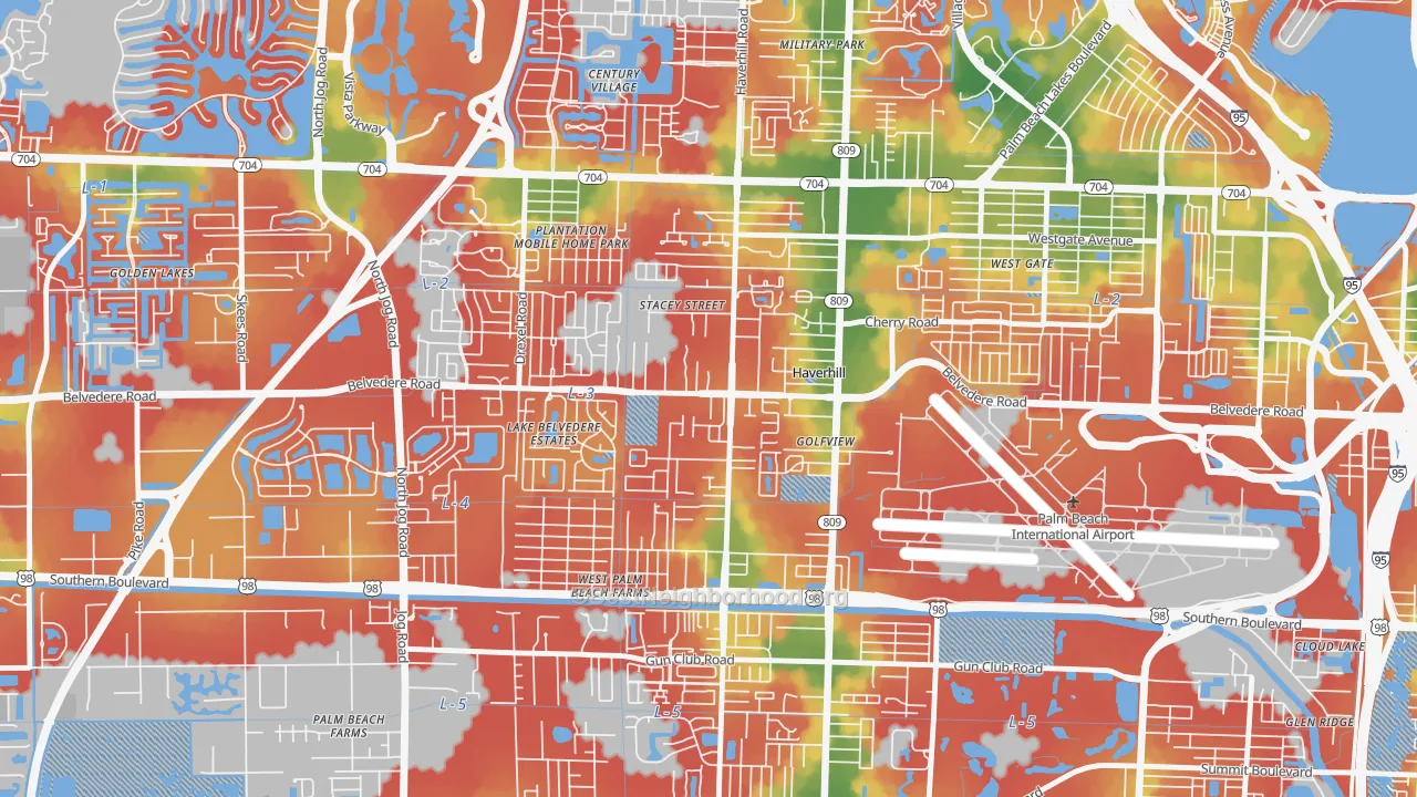 Walk Grade map of Haverhill, FL, walkable areas in green and car-dependent areas in red