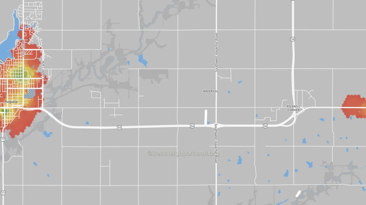 Walk Grade map of Haverhill, KS, walkable areas in green and car-dependent areas in red