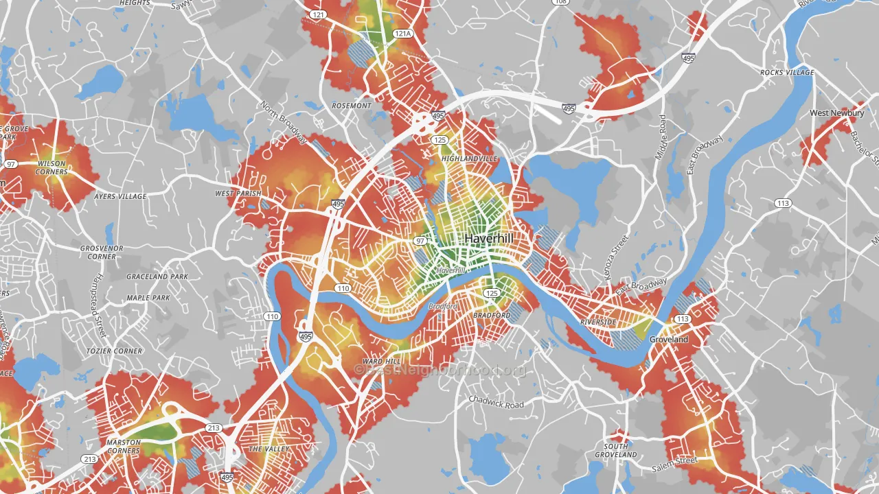 Walk Grade map of Haverhill, MA, walkable areas in green and car-dependent areas in red
