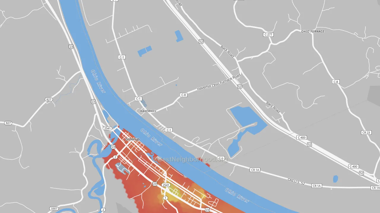Walk Grade map of Haverhill, OH, walkable areas in green and car-dependent areas in red
