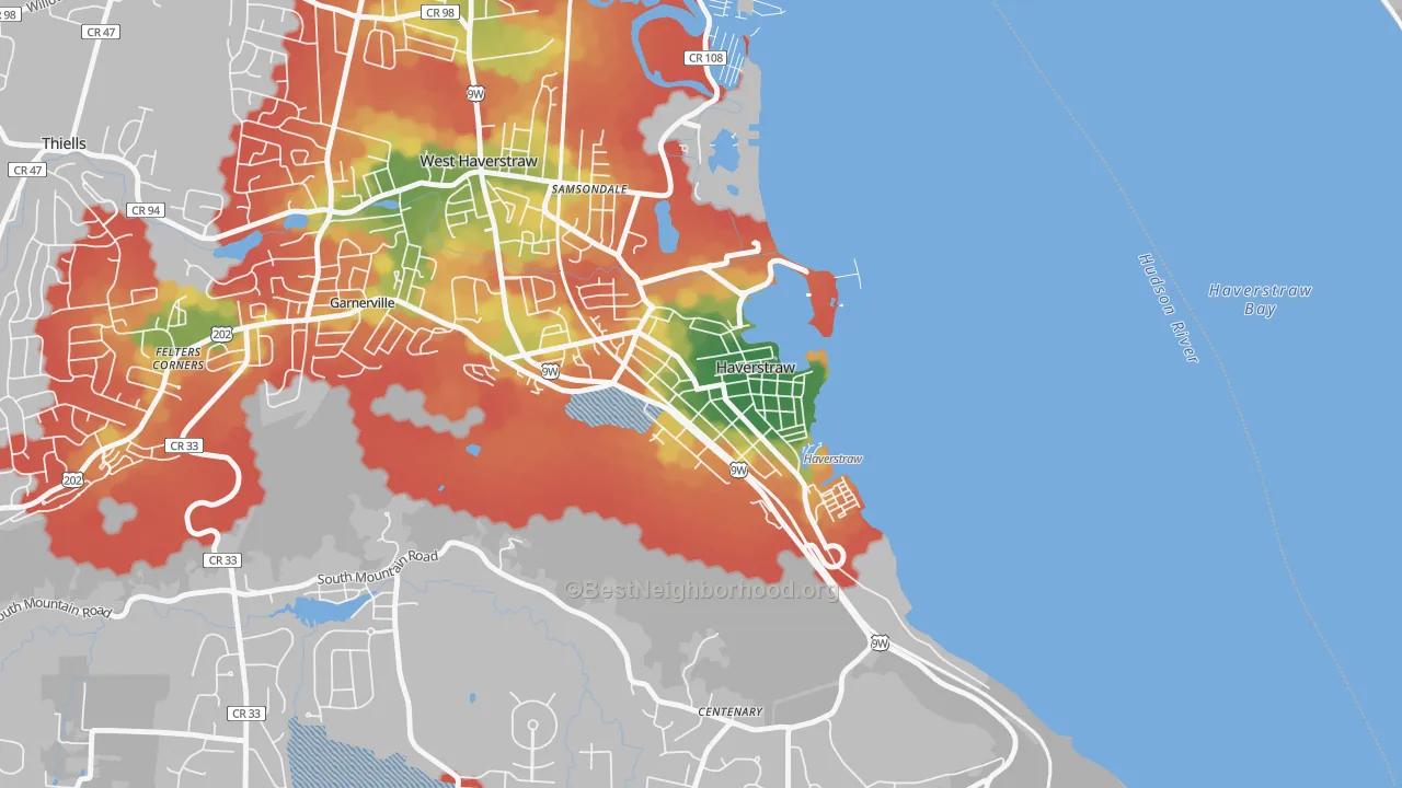 Walk Grade map of Haverstraw, NY, walkable areas in green and car-dependent areas in red