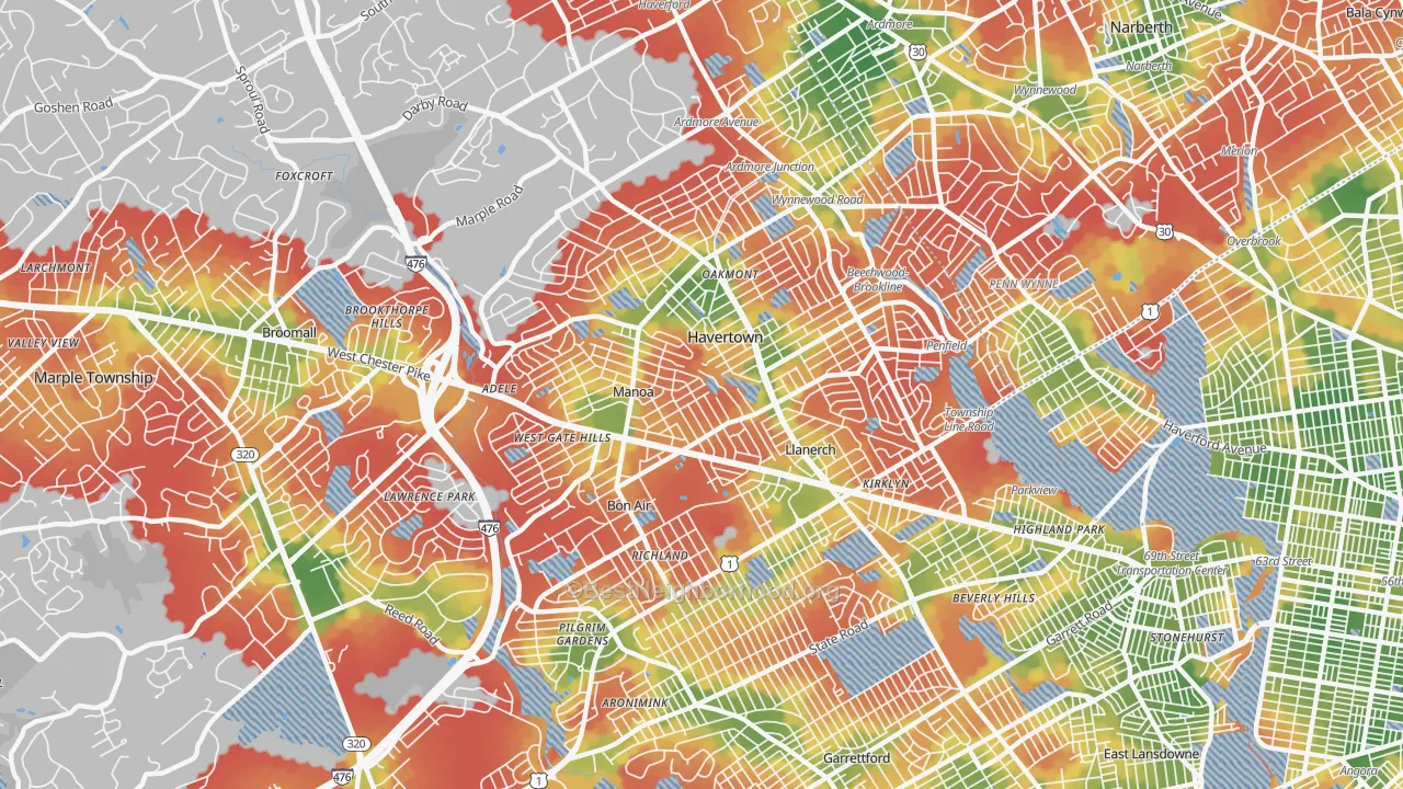 Walk Grade map of Havertown, PA, walkable areas in green and car-dependent areas in red