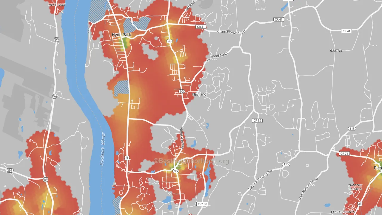 Walk Grade map of Haviland, NY, walkable areas in green and car-dependent areas in red