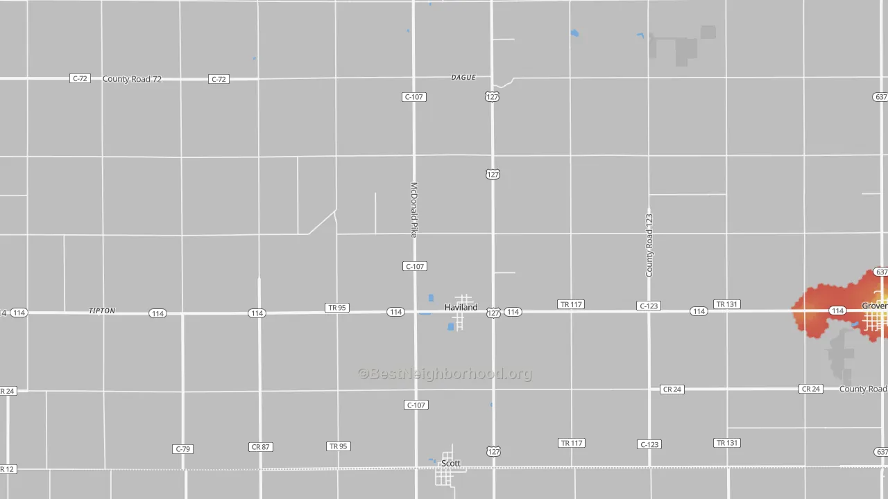 Walk Grade map of Haviland, OH, walkable areas in green and car-dependent areas in red