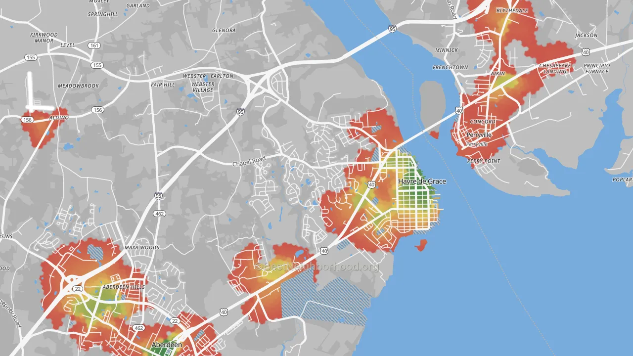 Walk Grade map of Havre de Grace, MD, walkable areas in green and car-dependent areas in red