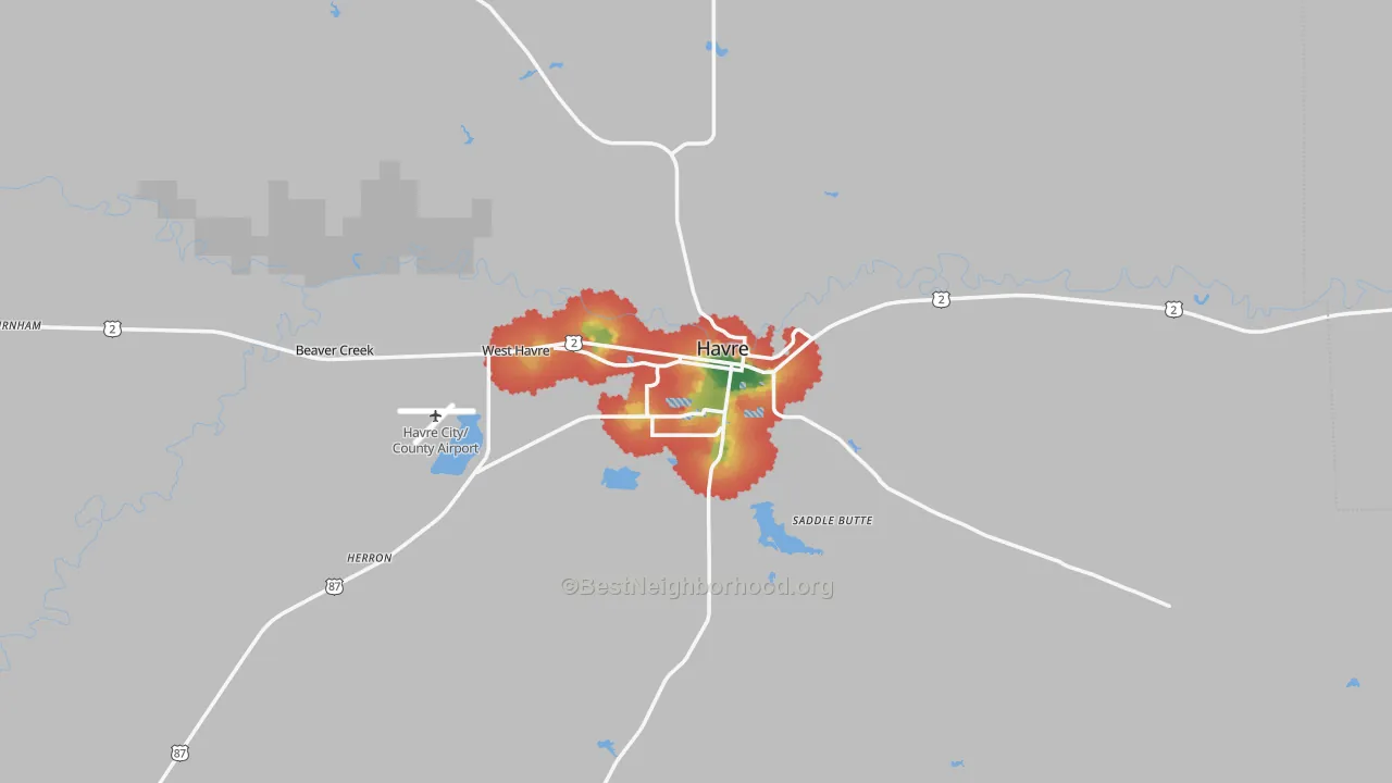 Walk Grade map of Havre, MT, walkable areas in green and car-dependent areas in red