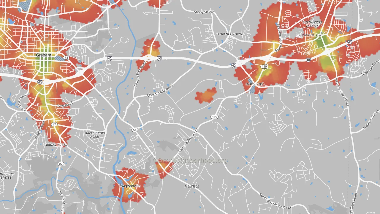 Walk Grade map of Haw River, NC, walkable areas in green and car-dependent areas in red