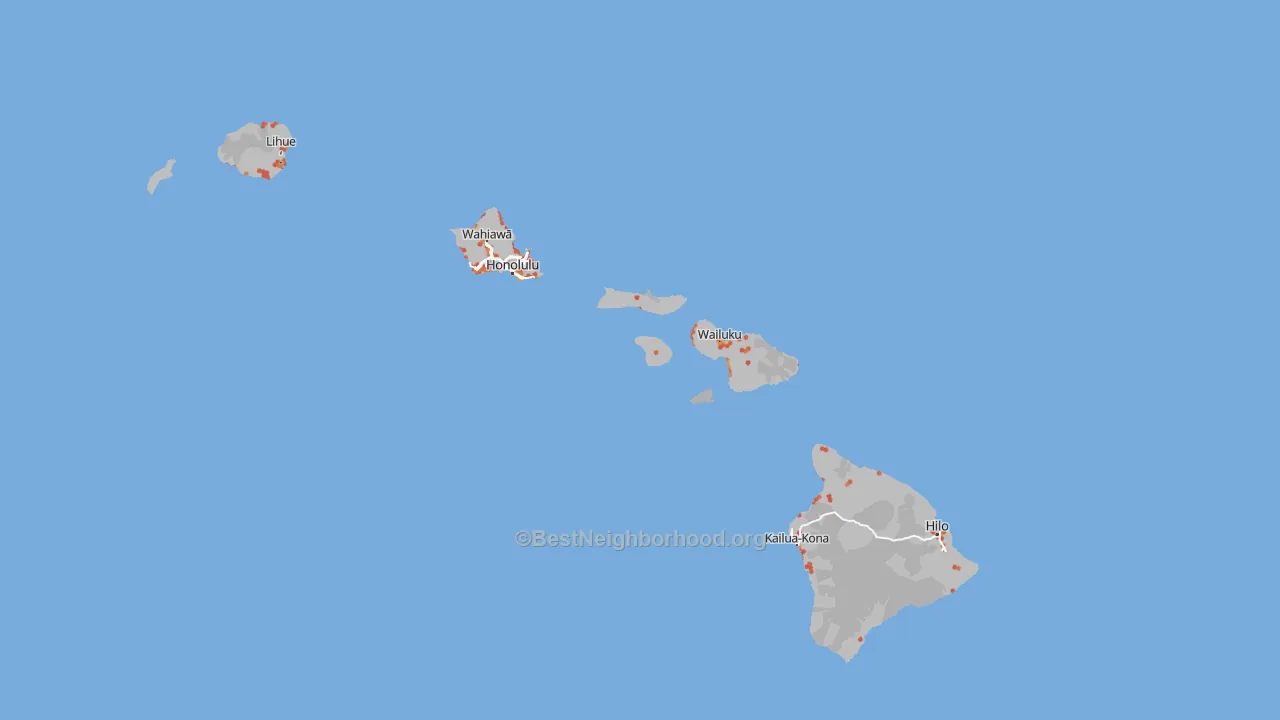 Walk Grade map of Hawaii, walkable areas in green and car-dependent areas in red