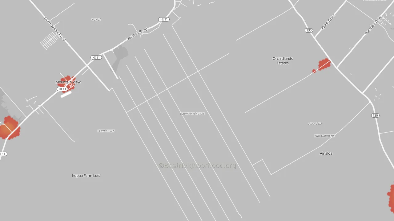 Walk Grade map of Hawaiian Acres, Keaau, HI, walkable areas in green and car-dependent areas in red
