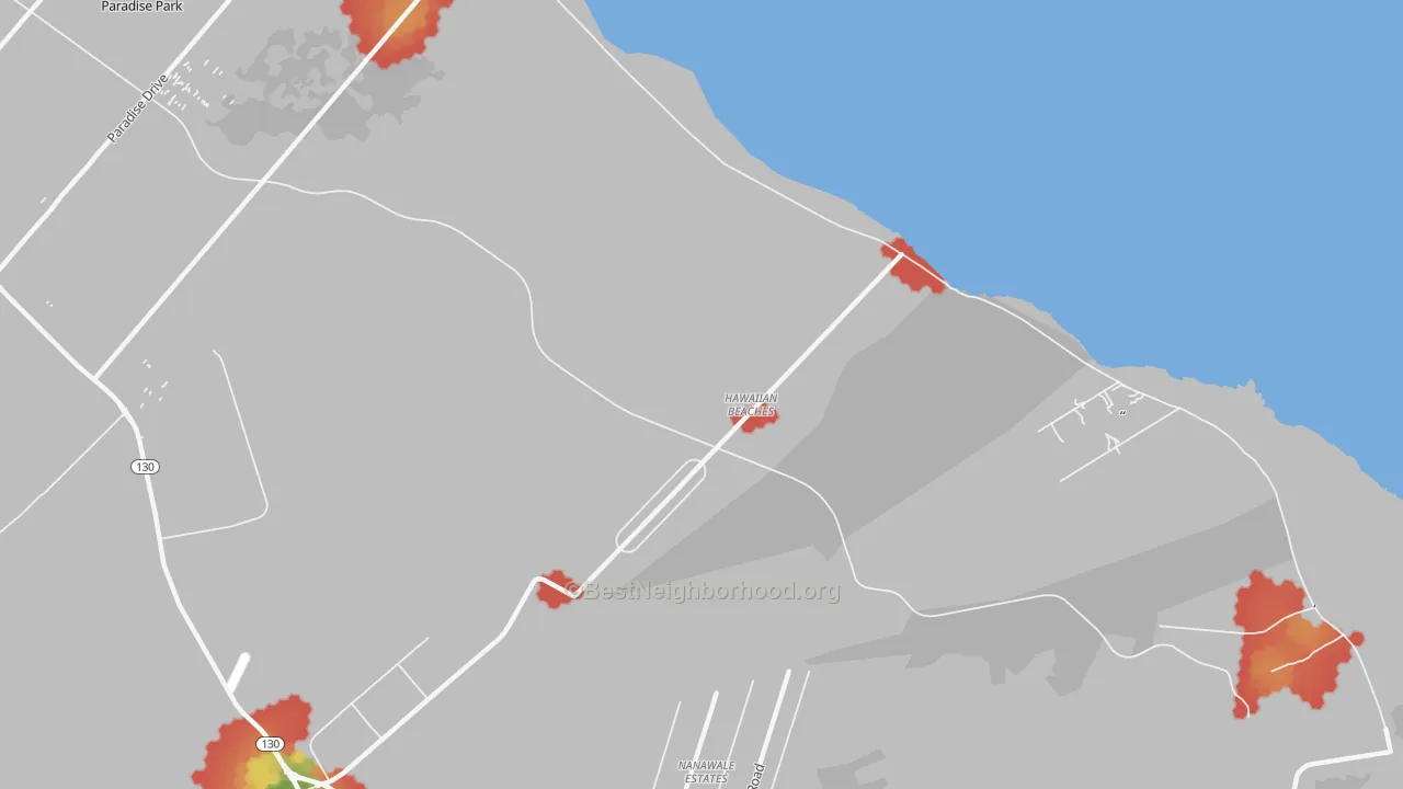 Walk Grade map of Hawaiian Beaches, HI, walkable areas in green and car-dependent areas in red