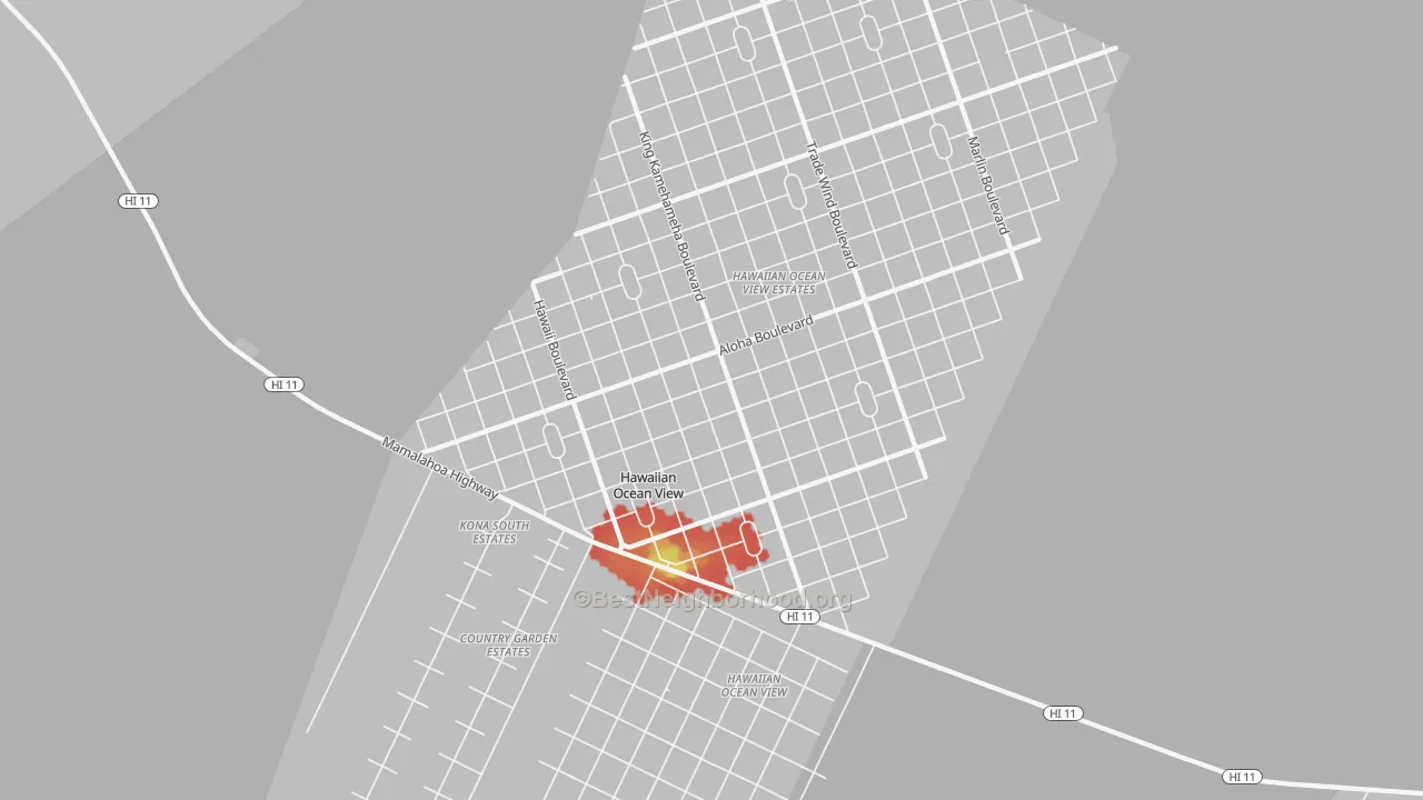 Walk Grade map of Hawaiian Ocean View, HI, walkable areas in green and car-dependent areas in red