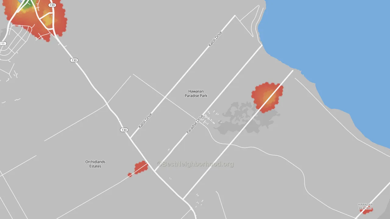 Walk Grade map of Hawaiian Paradise Park, HI, walkable areas in green and car-dependent areas in red