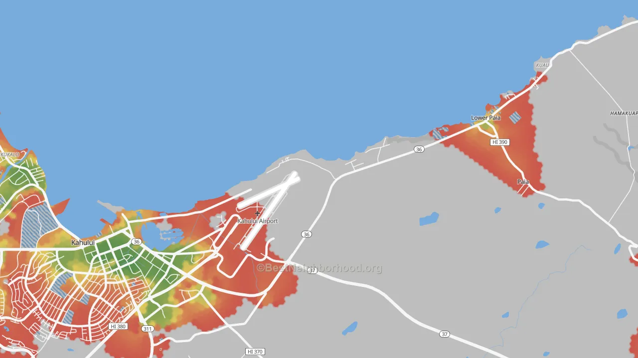 Walk Grade map of Hawaiian Village, HI, walkable areas in green and car-dependent areas in red