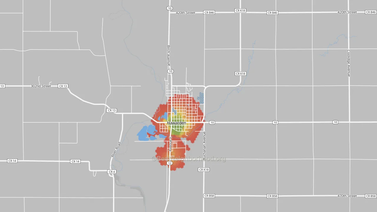 Walk Grade map of Hawarden, IA, walkable areas in green and car-dependent areas in red