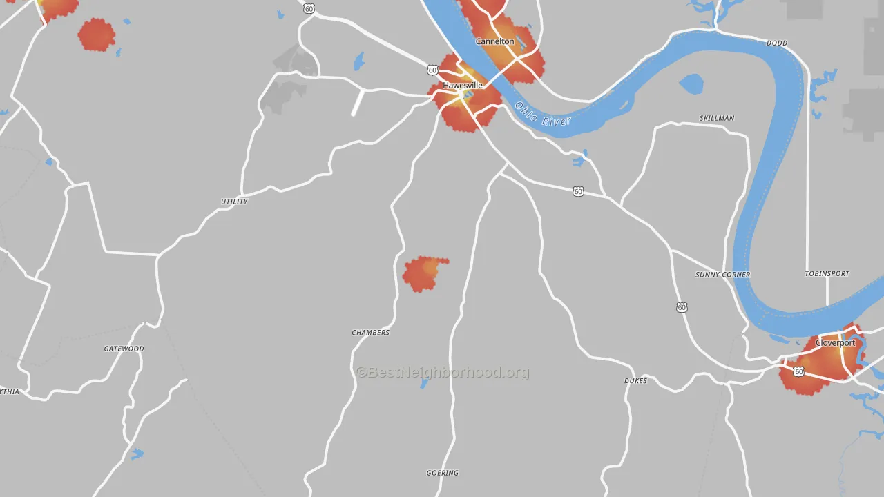 Walk Grade map of Hawesville, KY, walkable areas in green and car-dependent areas in red