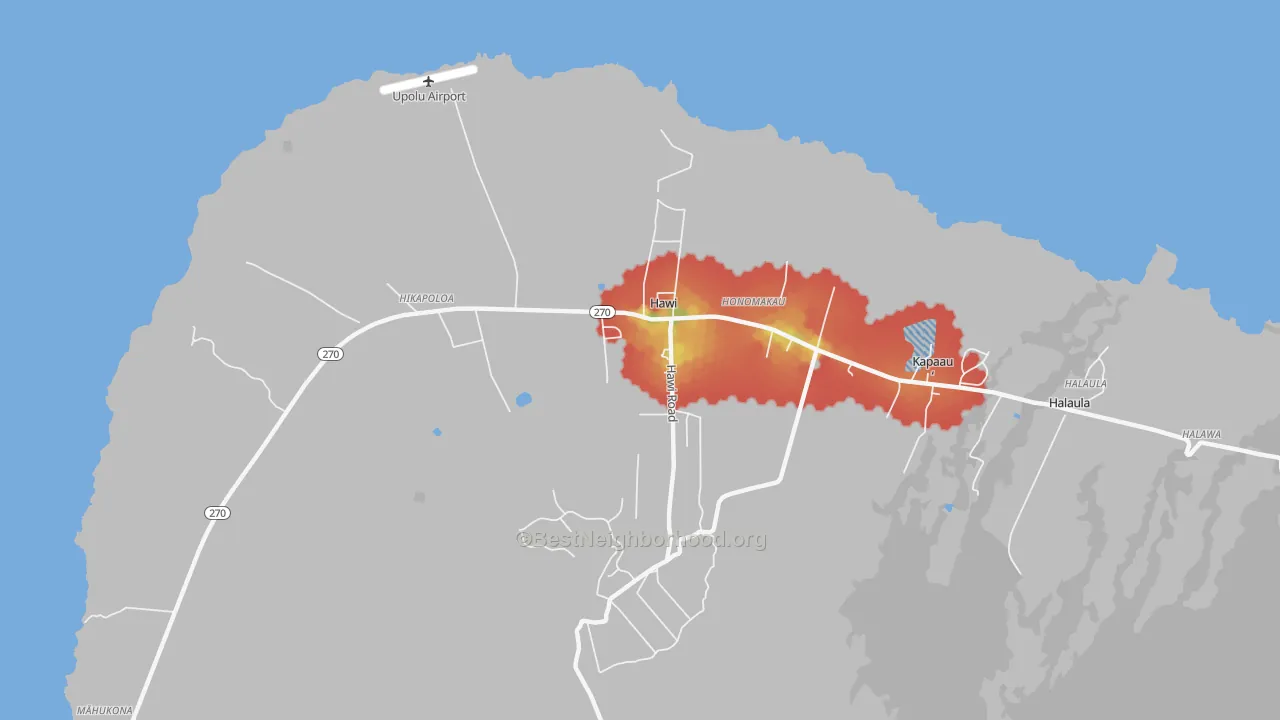 Walk Grade map of Hawi, HI, walkable areas in green and car-dependent areas in red